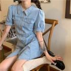 Puff-sleeve Denim Slim-fit Dress