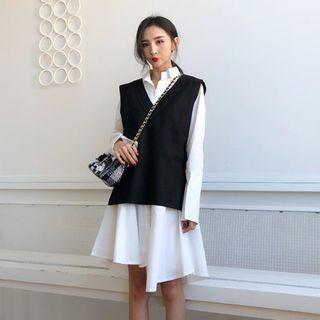 Long-sleeve A-line Shirt Dress / Knit Vest
