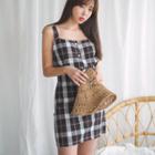 Set: Faux-pearl Buttoned Camisole Top + Plaid Mini Skirt