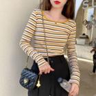 Striped Long-sleeve Crop T-shirt In 6 Colors