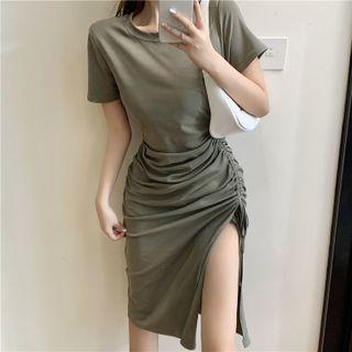 Short-sleeve Drawstring Midi Dress Green - One Size