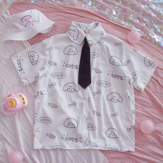 Elbow-sleeve Dog Print Shirt White - One Size