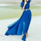 Short-sleeve Lace Trim Maxi A-line Dress / Disc Waist Belt / Set