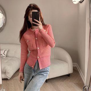 Plaid Button-up Knit Top Plaid - Pink - One Size