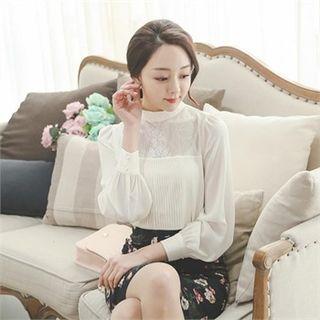 Mock-neck Lace-yoke Pleated Top