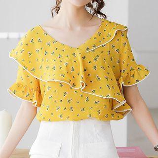 V-neck Ruffle Trim Short-sleeve Top