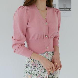 Puff-sleeve Faux-pearl Cropped Cardigan