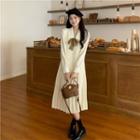 Bow-neck Pleated Midi A-line Dress Beige - One Size