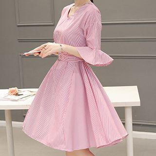 Elbow-sleeve Tie Waist A-line Dress