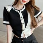 Short-sleeve Two-tone Button-up Knit Top Black - One Size