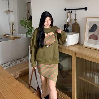 Heart Cutout Sweatshirt / Spaghetti Strap Striped Knit Bodycon Dress