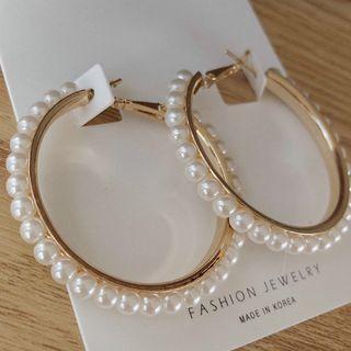 Faux Pearl Hoop Earring 1 Pair - E25a - Earring - White & Gold - One Size