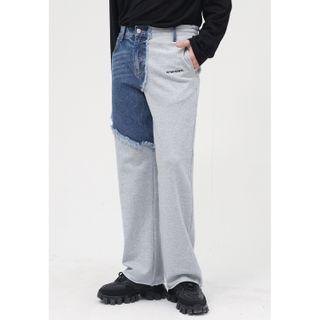Denim Panel Fray Hem Straight-leg Pants