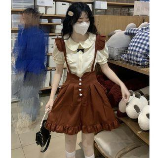Short-sleeve Blouse / Suspender Mini A-line Skirt