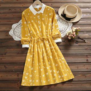 Butterfly Print Drawstring Waist A-line Shirtdress