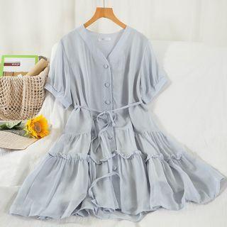 Short-sleeve Chiffon Button-up Midi Dress