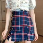 Set: Puff-sleeve Frill Trim Buttoned Top + Plaid A-line Mini Skirt