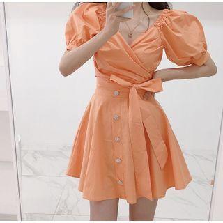Puff-sleeve Wrap Blouse / Mini A-line Skirt