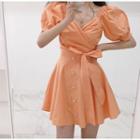 Puff-sleeve Wrap Blouse / Mini A-line Skirt
