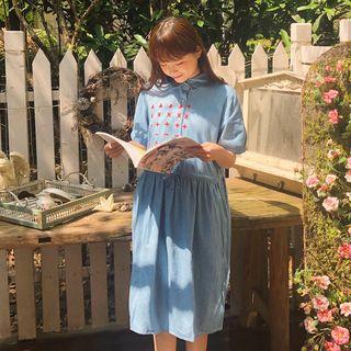 Short-sleeve Midi Embroidered Denim Dress Light Blue - One Size