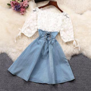 Elbow-sleeve Lace-up Denim Panel Mini A-line Dress
