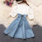 Elbow-sleeve Lace-up Denim Panel Mini A-line Dress