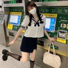 Puff-sleeve Sailor Collar Blouse / Mini Pencil Skirt