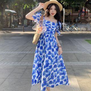 Puff-sleeve Square Neck Floral Maxi A-line Dress
