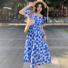 Puff-sleeve Square Neck Floral Maxi A-line Dress