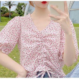 Short-sleeve V-neck Drawstring Floral Top