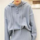 Drawstring Hooded Knit Henley Top