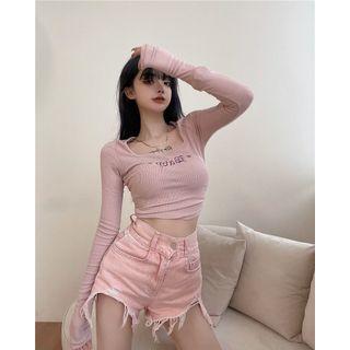 Set: Long-sleeve Letter Embroidered Crop Top + Distressed Shorts