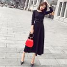 Gathered-waist Long-sleeved Loose-fit Crewneck Dress
