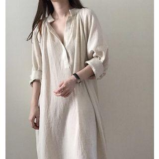 Long Sleeve V-neck Shirt Dress White - One Size