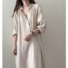 Long Sleeve V-neck Shirt Dress White - One Size