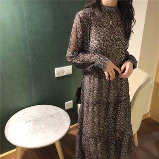 Plain Knit Vest / Floral Print Long-sleeve Chiffon Dress