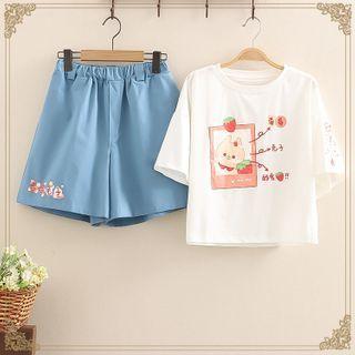 Set: Cartoon Print Short-sleeve Tee + Wide-leg Shorts (various Design)