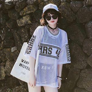 Set: Lettering Tankini Top + Swim Shorts + Cover Up