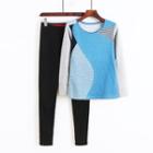 Set: Rhinestone Long-sleeve Paneled T-shirt + Skinny Pants T-shirt - Light Blue - One Size / Pants - Black - One Size