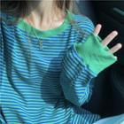 Long-sleeve Striped Sweatshirt Sweatshirt - Aqua Green - One Size