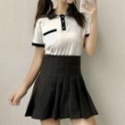 Short-sleeve Placket Top / Pleated Skirt