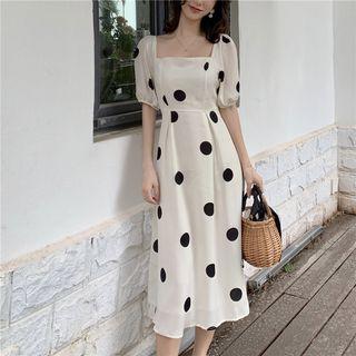 Dotted Square-neck Midi Dress