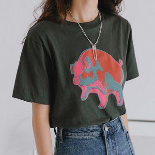 Pig Print Short-sleeve Tee Dark Gray - One Size