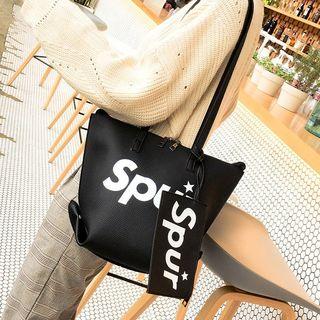 Lettering Faux Leather Tote With Pouch