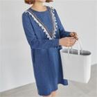 Tasseled Pattern-trim Denim Dress Dark Blue - One Size