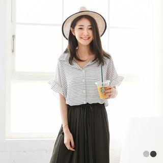 Short Sleeve Frilled Trim Striped Blouse