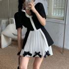 Short-sleeve Two-tone Blouse / Bow Pleated Skirt