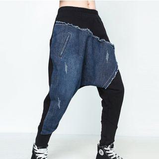 Denim Panel Harem Pants Black - L