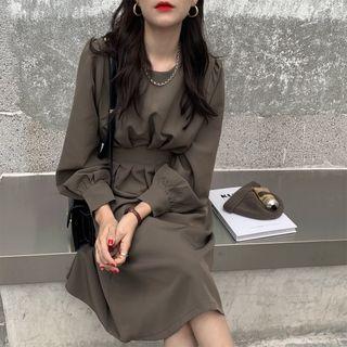 Lantern-sleeve Midi A-line Dress Coffee - One Size