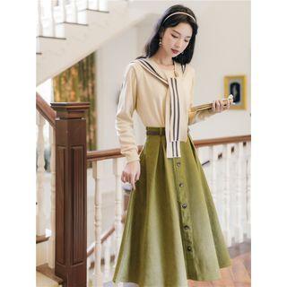 Set: Sailor Collar Sweater + Buttoned A-line Skirt